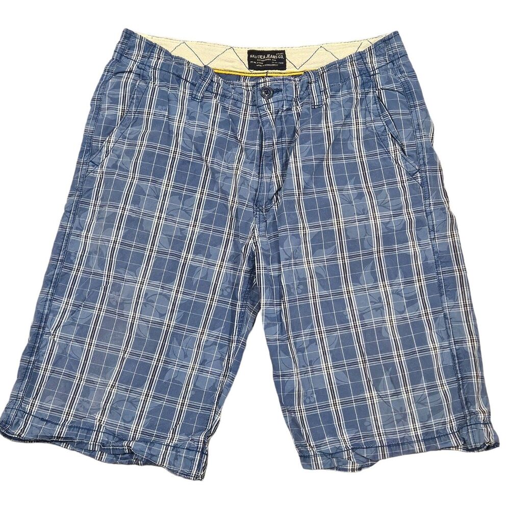 Nautica Jeans Co Men's Blue Plaid Casual Shorts Size 34 Floral Hawaiian Pattern